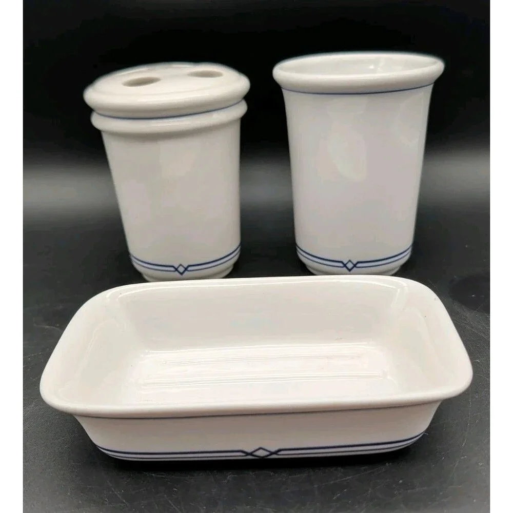Martha Stewart Living Bathroom Set Greek Key Soap Dish Toothbrush Holder Cup